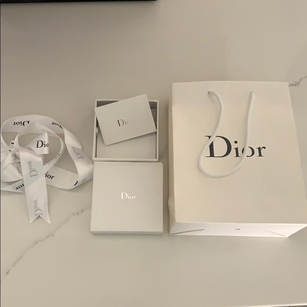 Dior bag, box, ribbon, and card